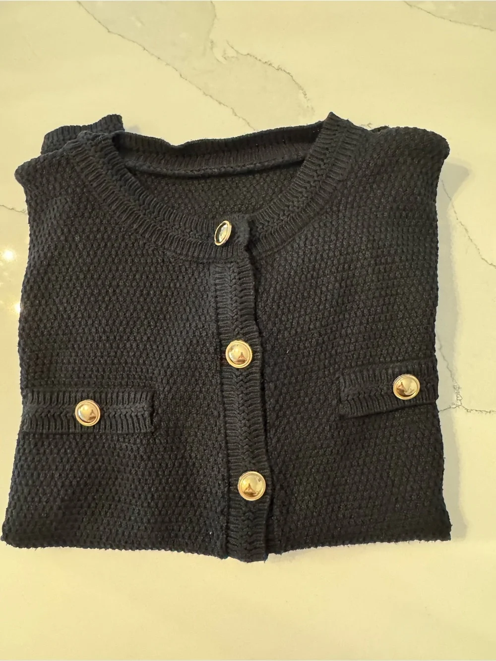 Vintage Classic Black Knit Short Sleeve Cardigan for with Gold Buttons